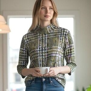 Isaac Mizrahi Live Estate Houndstooth Mock Neck Button Shoulder Top Green Purple